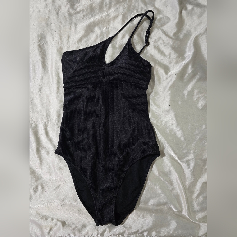 NWT Aerie Black Ribbed Full Coverage One Shoulder One Piece Swimsuit Size Small